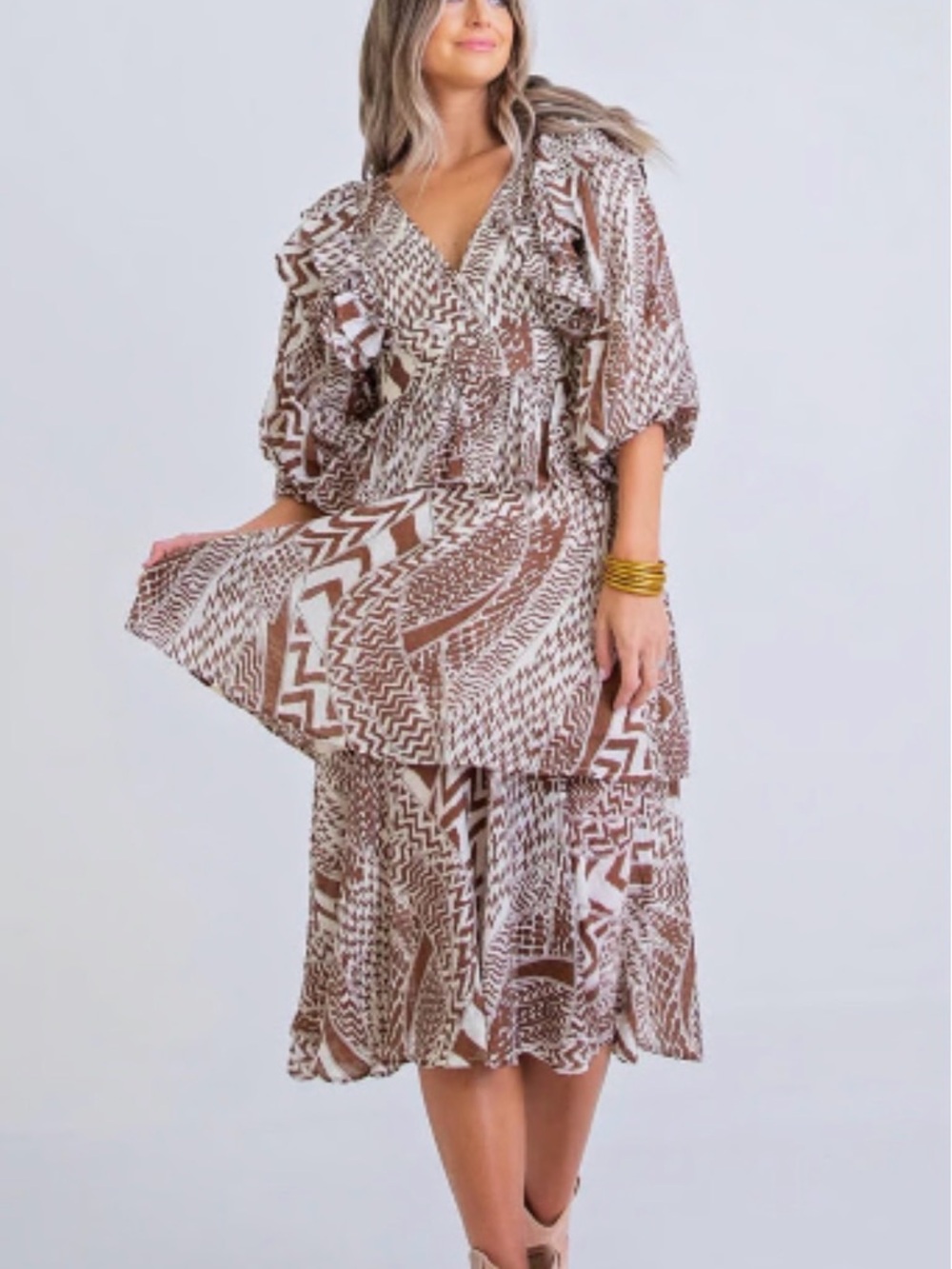 Karlie Boho Ruffle Sleeve Tiered Midi Dress Brown Print Flowy Small
